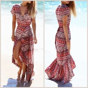 LE SALTY LABEL Bohemian Red Maxi Wrap Beach Cover Vacation Dress, Cover Up, L